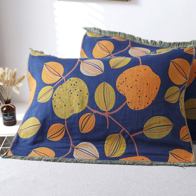 一对装儿童棉纱布北欧式单人枕头巾情侣款枕套盖巾 蓝色苹果流苏枕巾