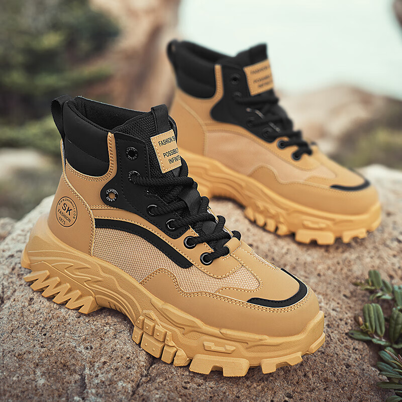 BAIKE马丁靴男冬季新款鞋子男雪地高帮靴子男劳保鞋工装鞋加绒保暖棉鞋 卡其 42 标准码