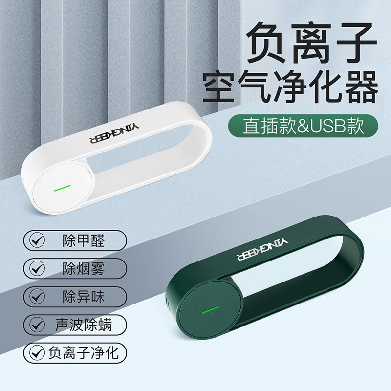 莹科尔（YINGKEER）便携式负离子空气净化器家用室内小型办公室除甲醛静电发生器除烟味消毒机 绿色-USB款