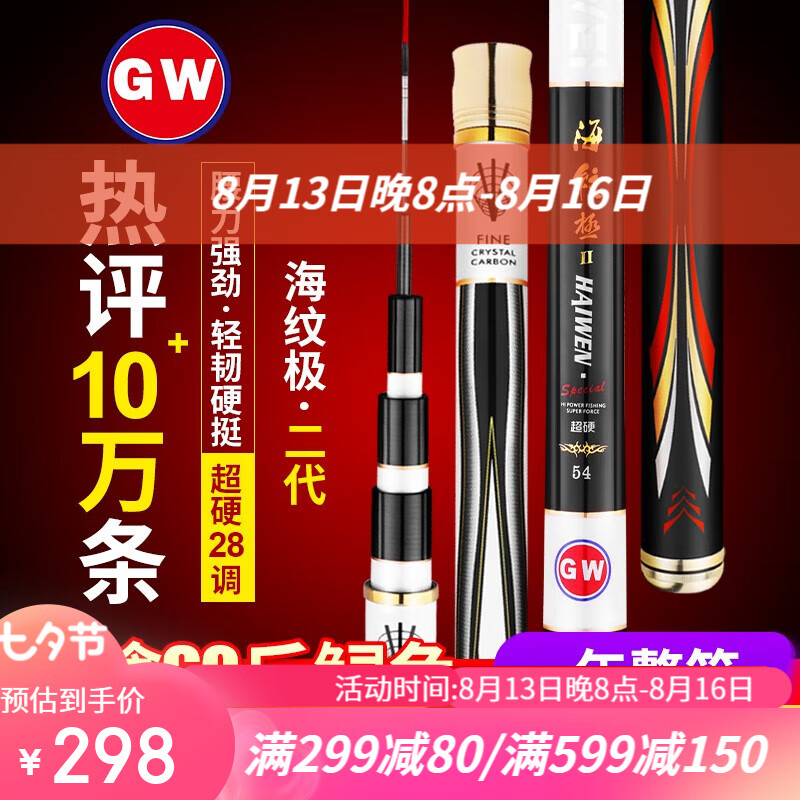 光威（GW）鱼竿手竿台钓竿碳素钓鱼竿超轻超硬鲢鳙竿大物休闲综合竿鲫鲤鱼杆 二代海纹极28调5.4米+竿稍+礼包