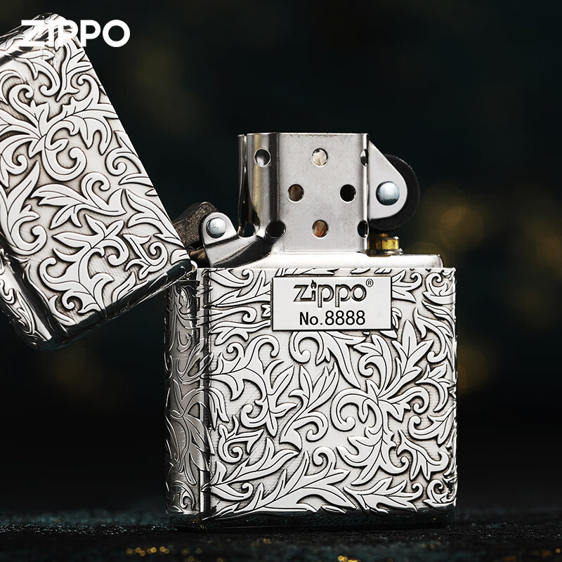 ZIPPO打火机官方正版防风芝宝盔甲纯银唐草中标限量送男士朋友新年礼物 纯银中标唐草-可定制【古典礼盒套装】