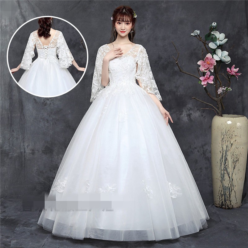 婚纱一字肩胖妹妹婚纱大码显瘦胖mm遮手臂 200斤新娘胖人结婚礼服加肥