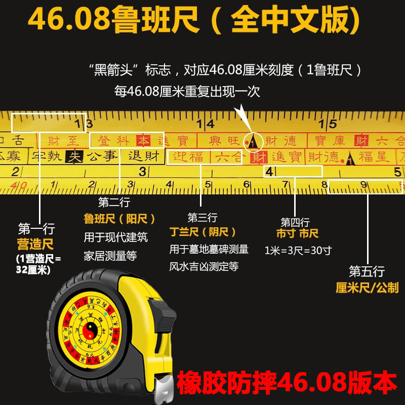 山头林村正宗老式4608鲁班尺加厚高精度正宗卷尺防摔多功能测量丁兰尺