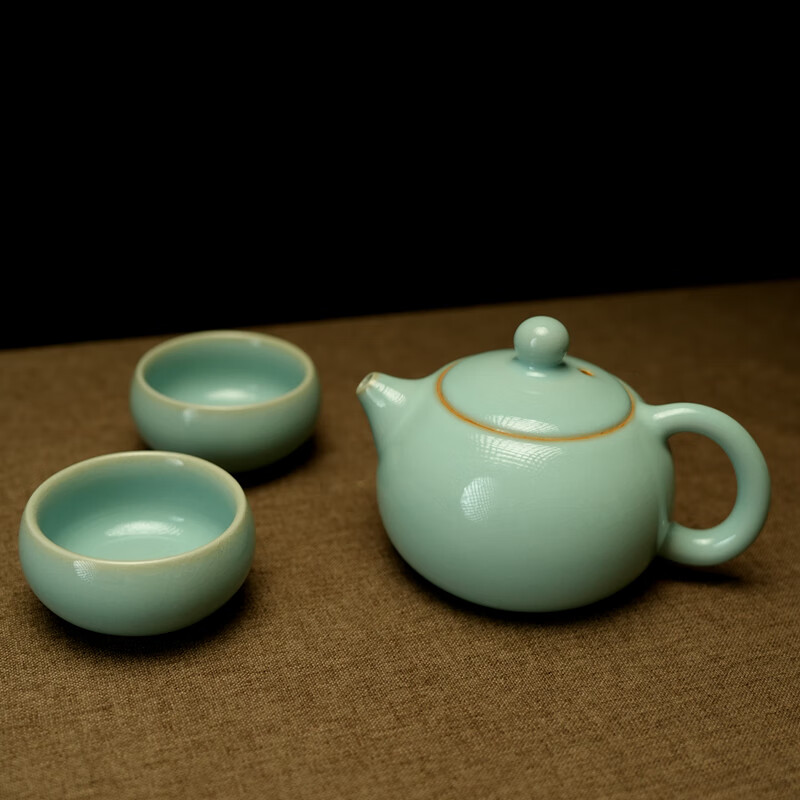 汝誉天下汝窑茶具茶壶西施壶井栏壶石瓢壶汝州汝瓷天青色冰裂纹茶具套装 西施壶1壶二杯 220ml
