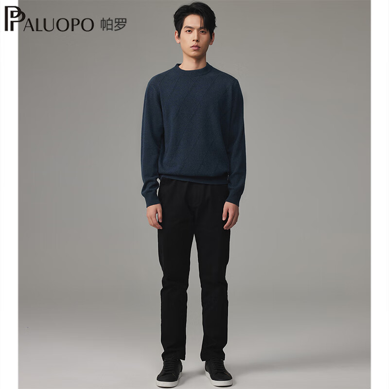 帕罗（PALUOPO）秋冬新款男士纯山羊绒衫休闲舒适保暖高支纱长袖套头毛衣上衣 兰绿夹花 M (105码)