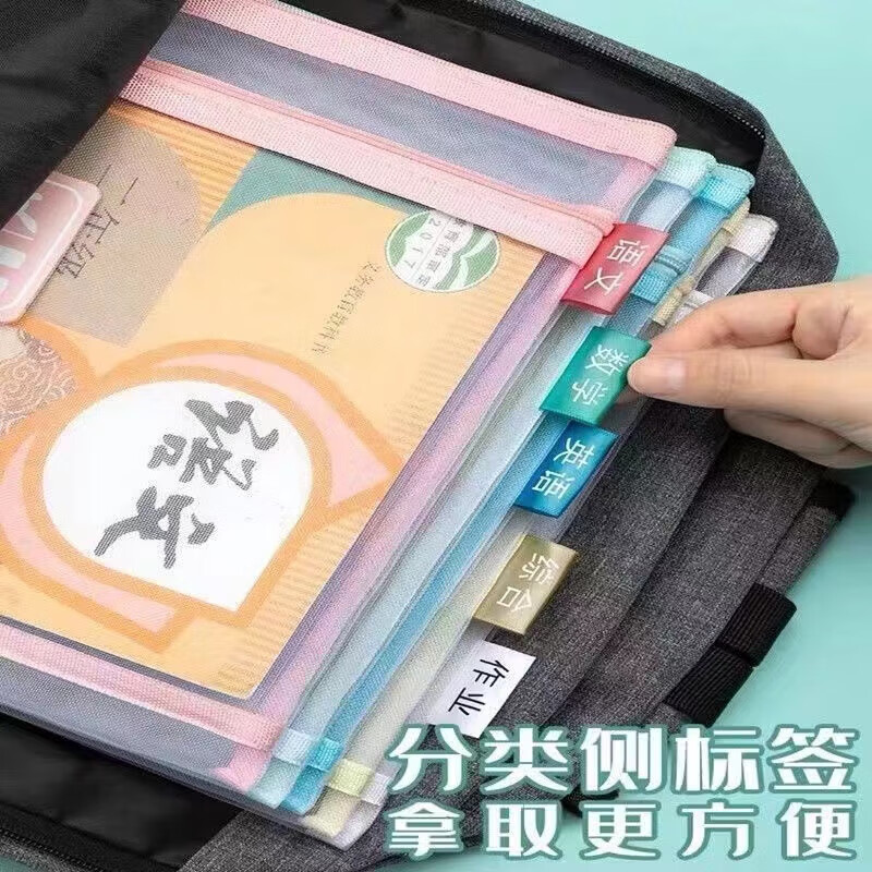 分类文件袋小学生手提透明网纱加厚大容量A4试卷 3个装【颜色随机】