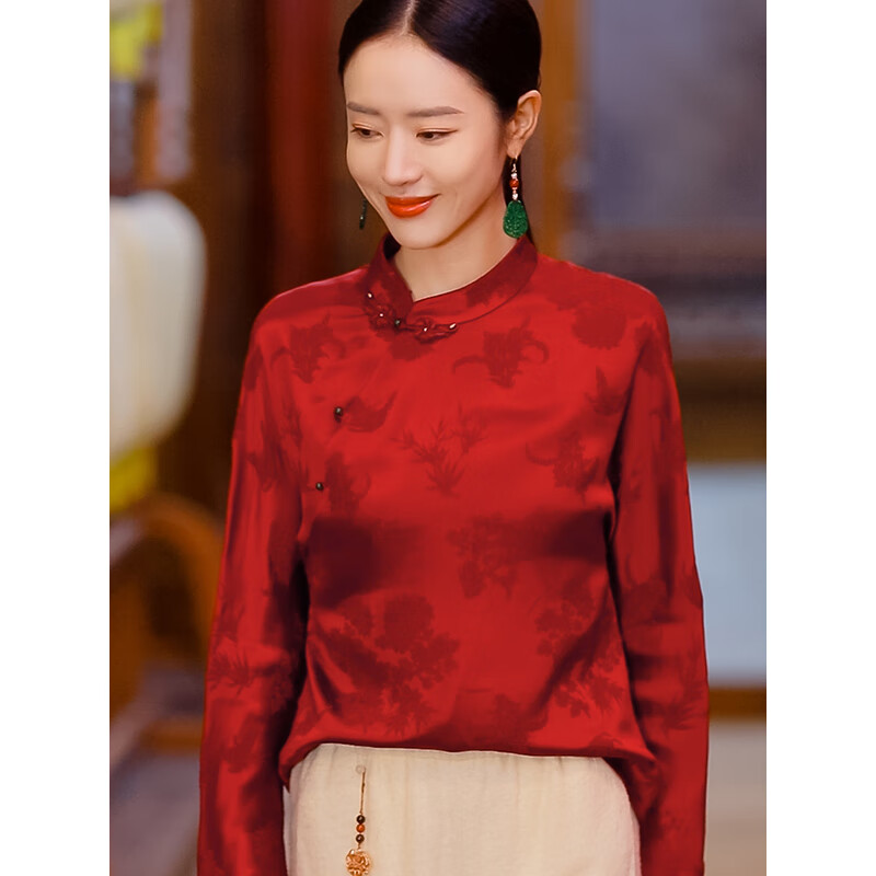 衬衫女中式真丝唐装上衣复古日记朱砂痣国风红色衬衣 231c6768绛红 s