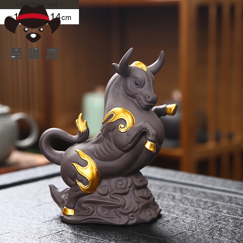 紫砂生肖牛茶宠 可养牛年家居礼品装饰摆件茶玩茶具配件 扭转乾坤-描