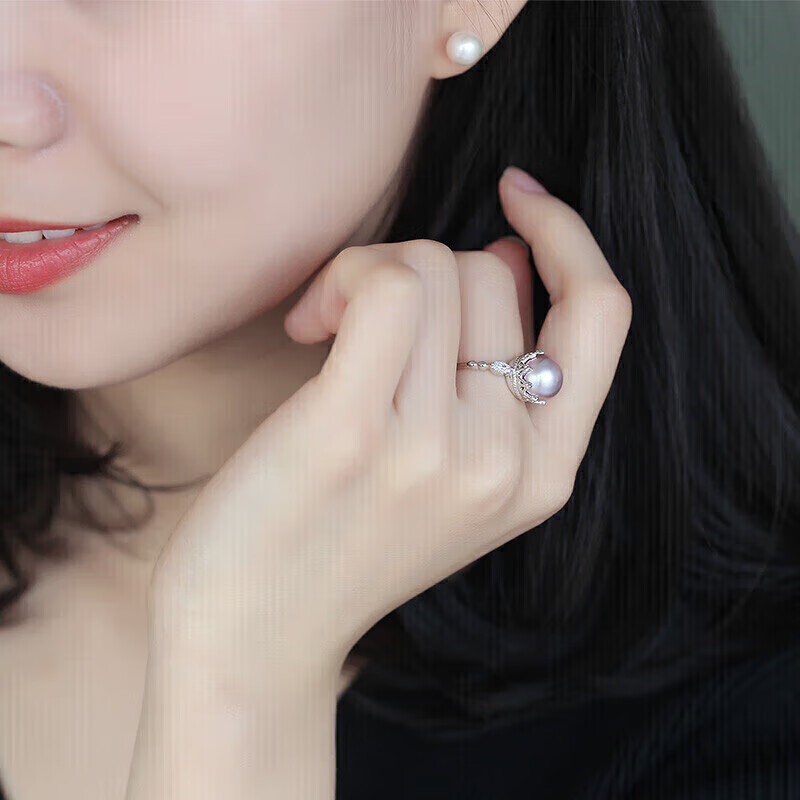 海蒂10-10.5mmS925银淡水珍珠戒指可调节戒圈送老婆礼物 粉紫色附证书【520情人节礼物】