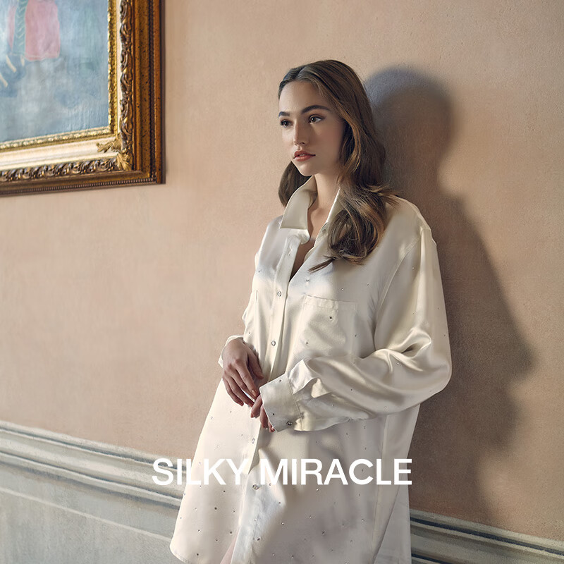 SILKY MIRACLE DAY&NIGHT系列女士BF真丝水钻衬衫睡裙白色桑蚕丝居家服奢华 珍珠白