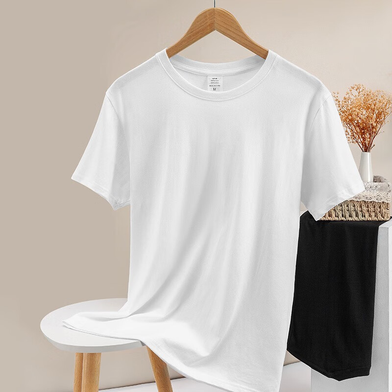 浪莎白色纯棉短袖t恤女士夏季新款100%全棉圆领洋气百搭纯色宽松上衣 【经典版】黑色 2XL 【适合140-160斤】