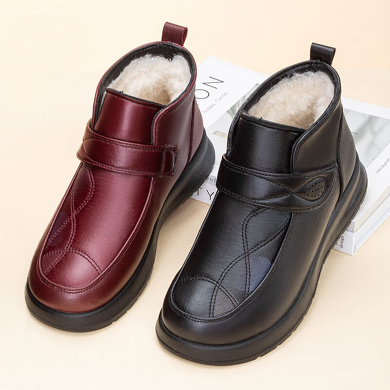 泰和源老北京布鞋女羊毛棉鞋冬季中老年平底加绒加厚保暖防滑妈妈短靴 红色 加绒 76140 40