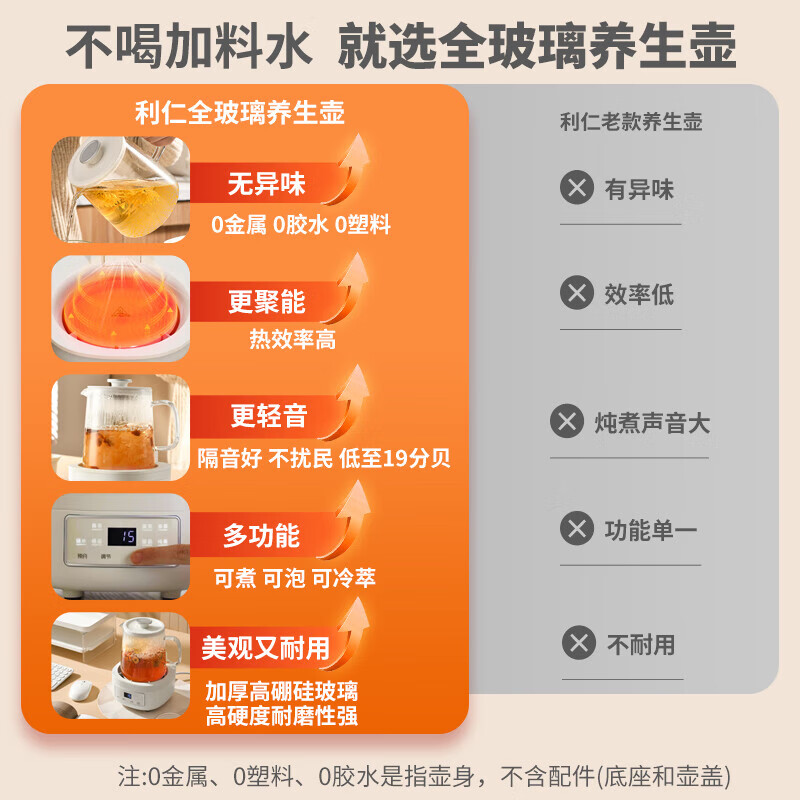 利仁（Liven）烧水壶全玻璃全自动养生壶0金属0硅胶0塑料0拼接壶身柔声炖煮电热水壶煮茶壶花茶壶多功能电水壶 【豪华款】 1.2L +316L不锈钢滤网