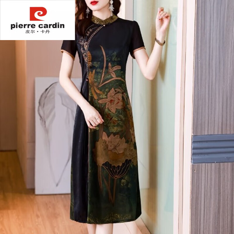 皮尔卡丹品牌撤柜女装中国风真丝旗袍裙中年显瘦桑蚕丝连衣裙 花色 l