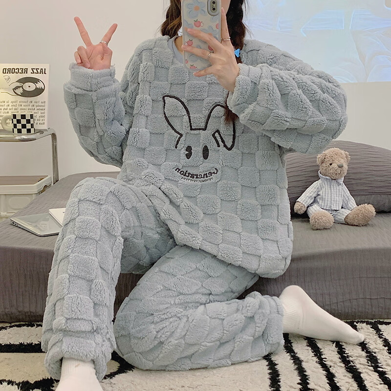 猫人少女感睡衣秋冬加绒加厚中华绒套头款可外穿家居服套装 QRQM-7818 M