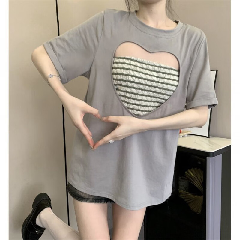 木西十夏季镂空爱心短袖t恤抹胸两女辣妹正肩显瘦上衣 t恤 抹胸 m