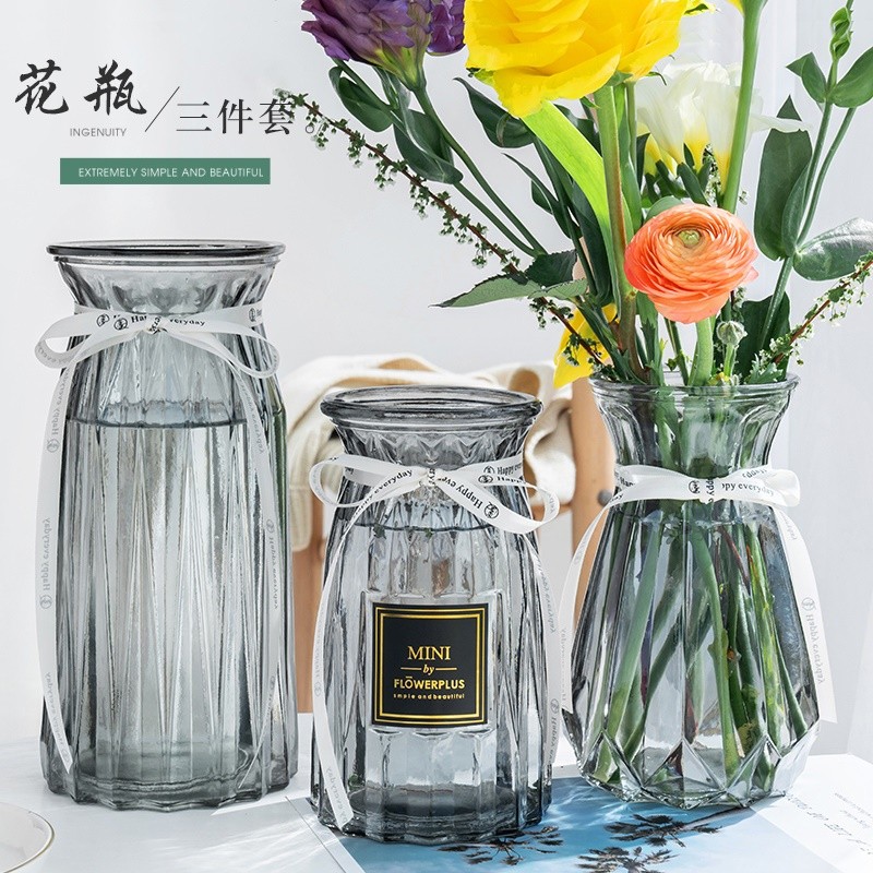 魅扣北欧玻璃花瓶三件套透明干花创意客厅插花水养简约百合摆件 紫灰三件套 15钻石 15贴纸 15南瓜 虎窝购