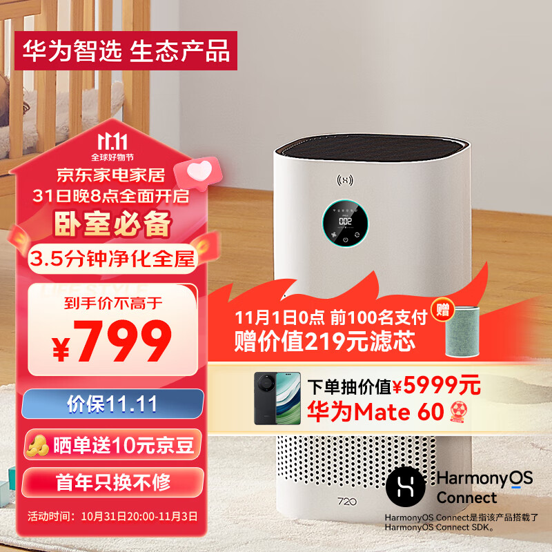 华为智选720智能空气净化器3i 专业除甲醛病毒除菌宠物猫毛除烟味 除雾霾过敏 家用PM2.5数显 鸿蒙智联怎么样,好用不?