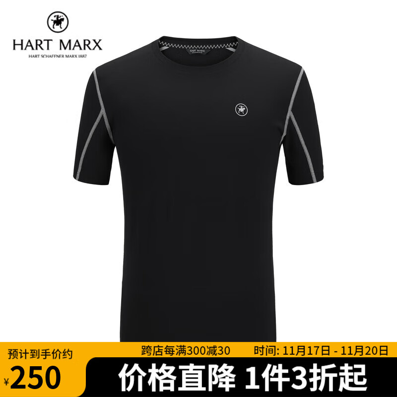 哈特马克斯（HARTMARX）春夏圆领男士休闲短袖T恤时尚运动休闲百搭打底T恤上衣 曜岩黑 170/92A