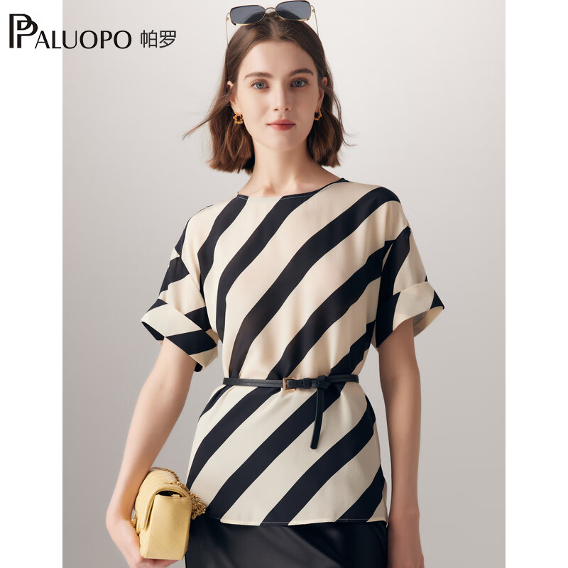 帕罗(PALUOPO)14姆米双绉真丝短袖t恤女条纹印花圆领100%桑蚕丝森休闲t体恤上衣 米黑 2XL (175/96A)