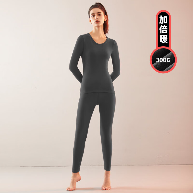 佧森滋女生圆领棉保暖内衣加厚女士保暖秋衣秋裤冬季中老年打底衫套装 绛红厚款 M