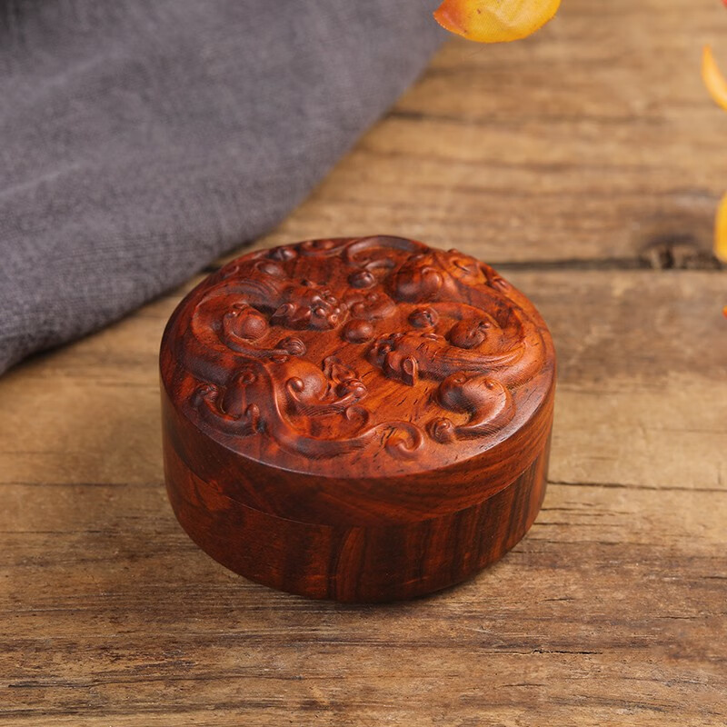 木果果木微凹黄檀螭龙纹小圆盒子红木耳钉戒指盒首饰品储物盒收藏盒
