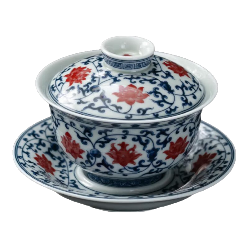 京峰閣 茶具三才蓋碗套裝 景德鎮(zhèn)陶瓷青花瓷高端泡茶碗喬遷送禮三件套 青花釉里紅蓮紋元寶介杯160ml