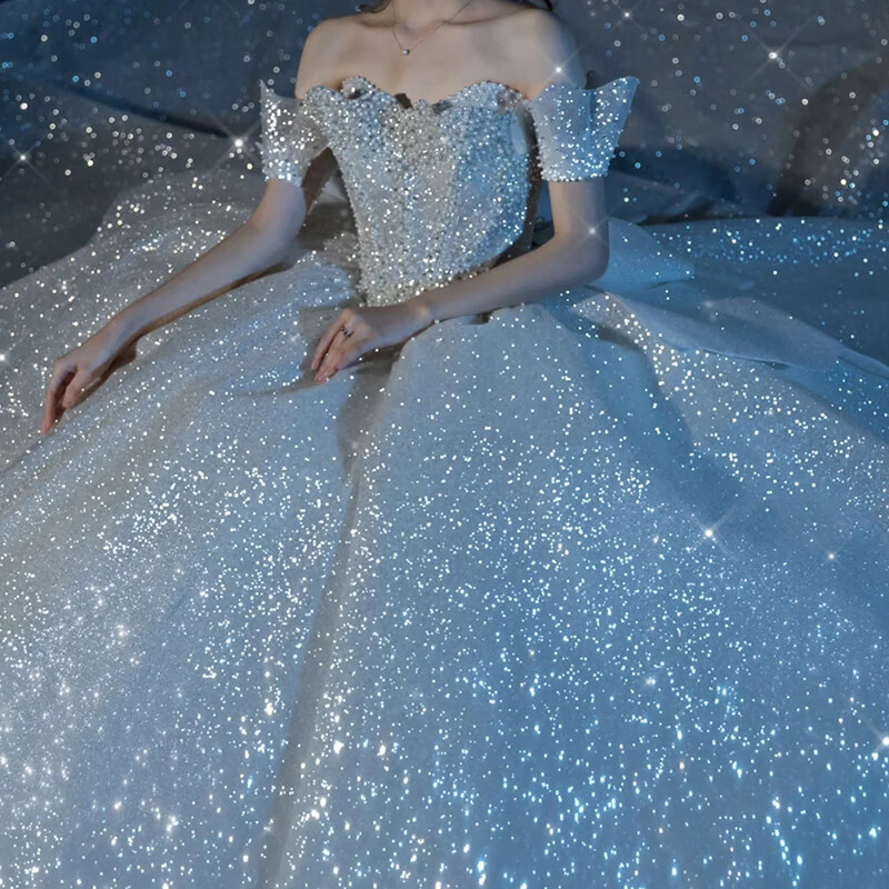 2022新款新娘主纱质感蓝色法式大码拖尾重工轻礼服 拖尾款 头纱裙撑 l