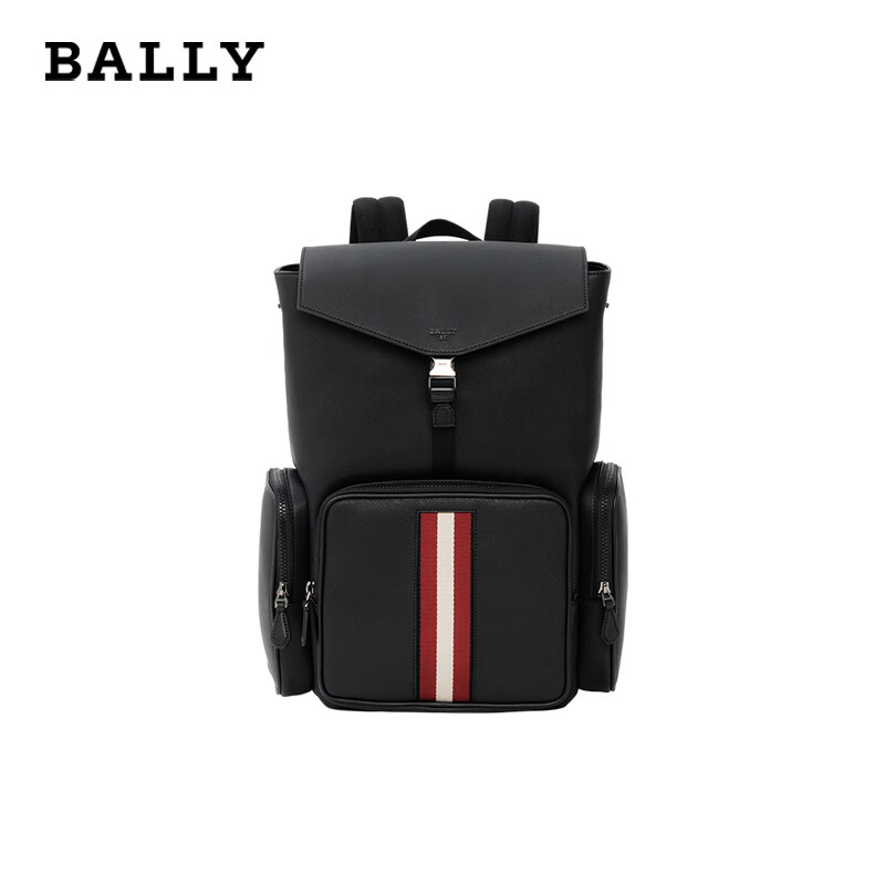巴利（BALLY） 红白条纹再生尼龙黑色双肩包 6303963