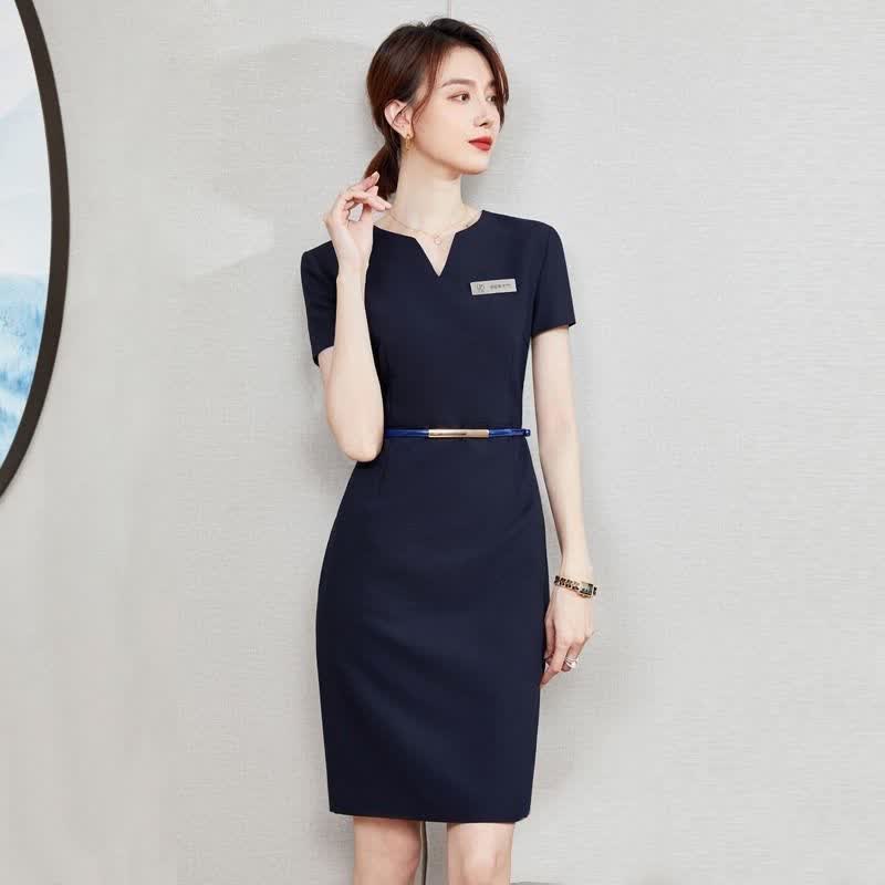 绮岑短袖职业连衣裙前台职业连衣裙女夏酒店接待珠宝店物业正装黑色