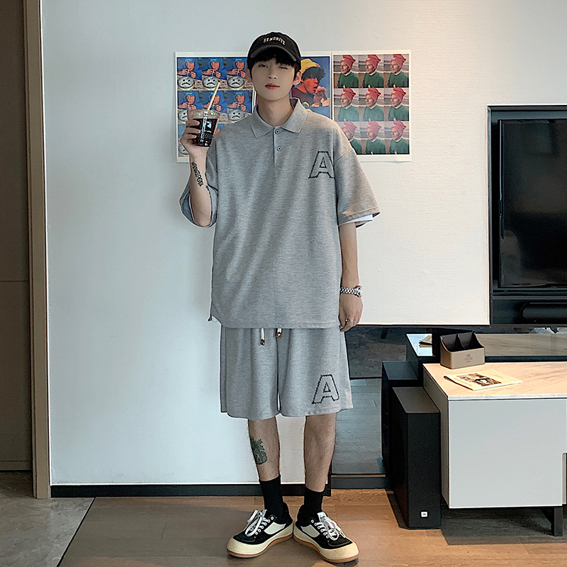 闪爆华夫格运动服套装男夏季宽松大码短袖短裤两件套潮牌时尚跑步休闲