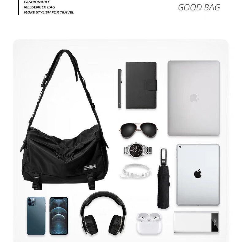 日系大容量斜挎包男运动健身包潮工装机能邮差包单肩背包 黑色大号