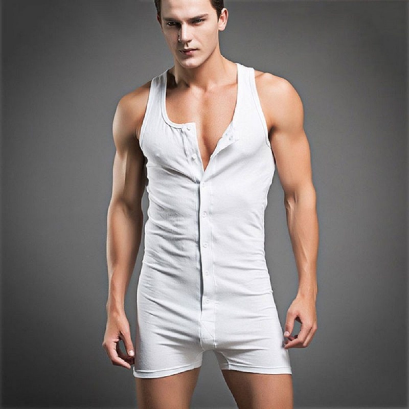 京佑冬天穿的 男士棉连体睡衣简约扣子紧身弹力睡衣家居服套装 白色 m