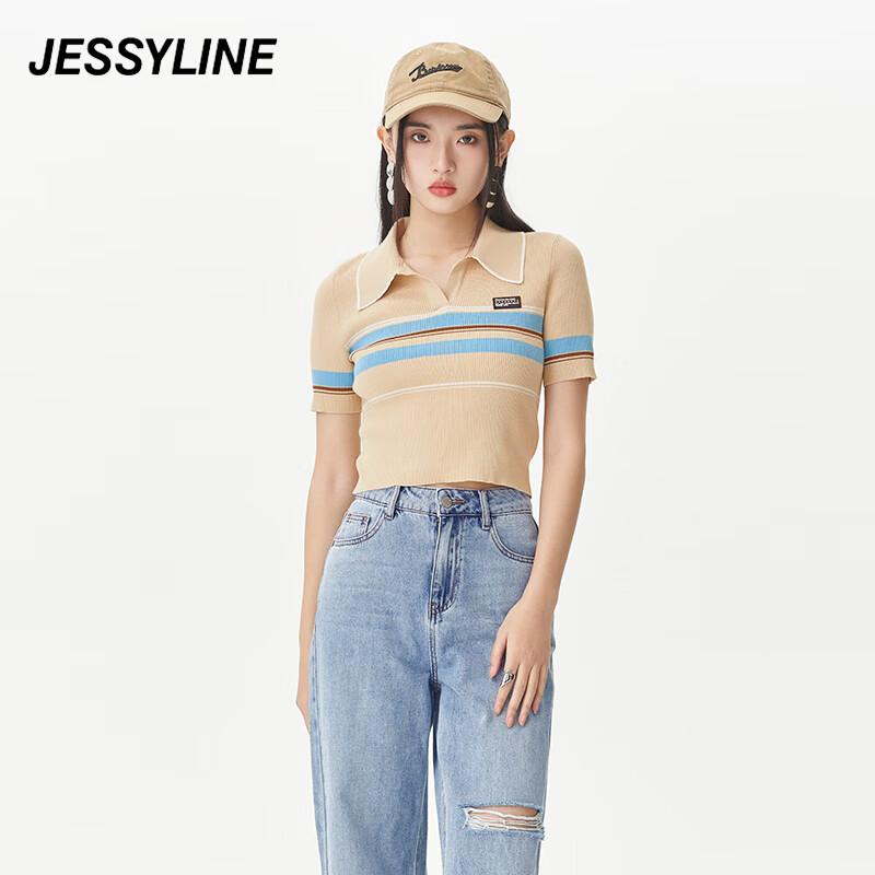 jessy line夏季专柜款 杰茜莱修身短袖薄款针织衫 324204411 条纹 xs