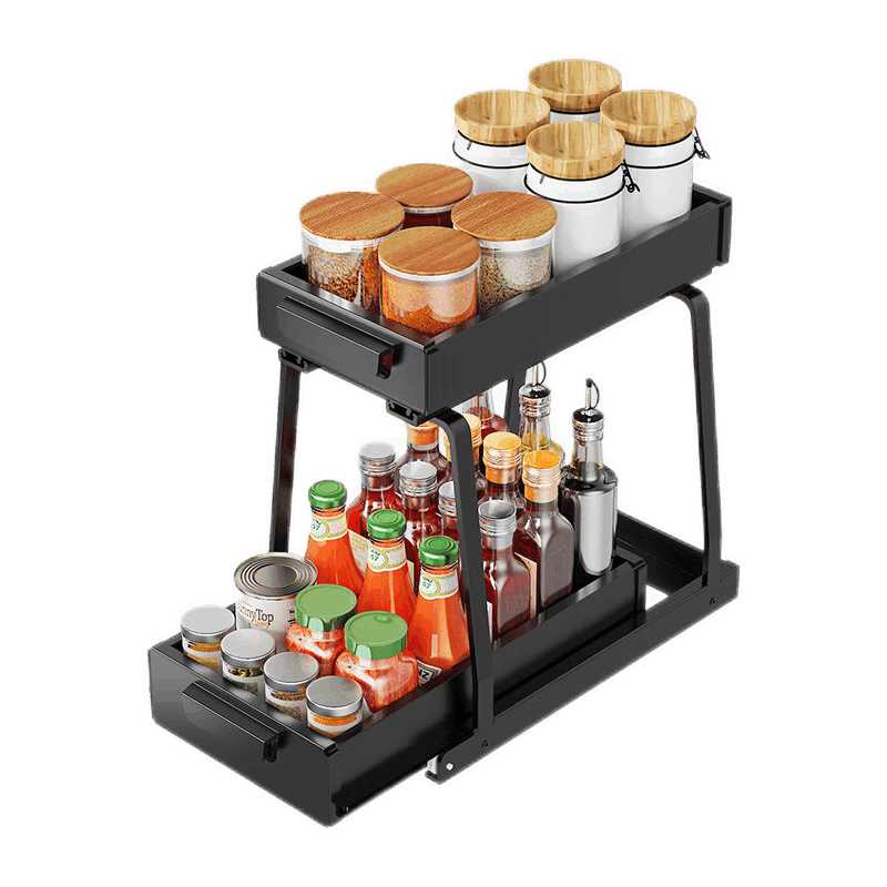 抽屉式调料架厨房下水槽置物架橱柜收纳筐浴室清洁用品储物推拉篮 黑色推拉篮(下水槽架)