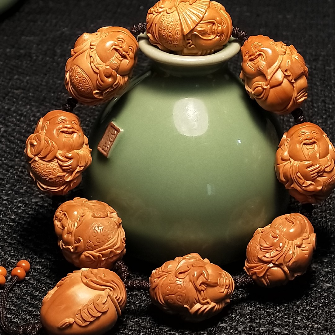 橄榄核手链财神20精品老油核舟山名家纯手工雕刻八宝财神核雕手串