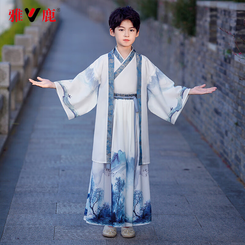 雅鹿儿童古装汉服男童国学服三字经演出服套装YL-YJ-SL2354 灰色 150属于什么档次？