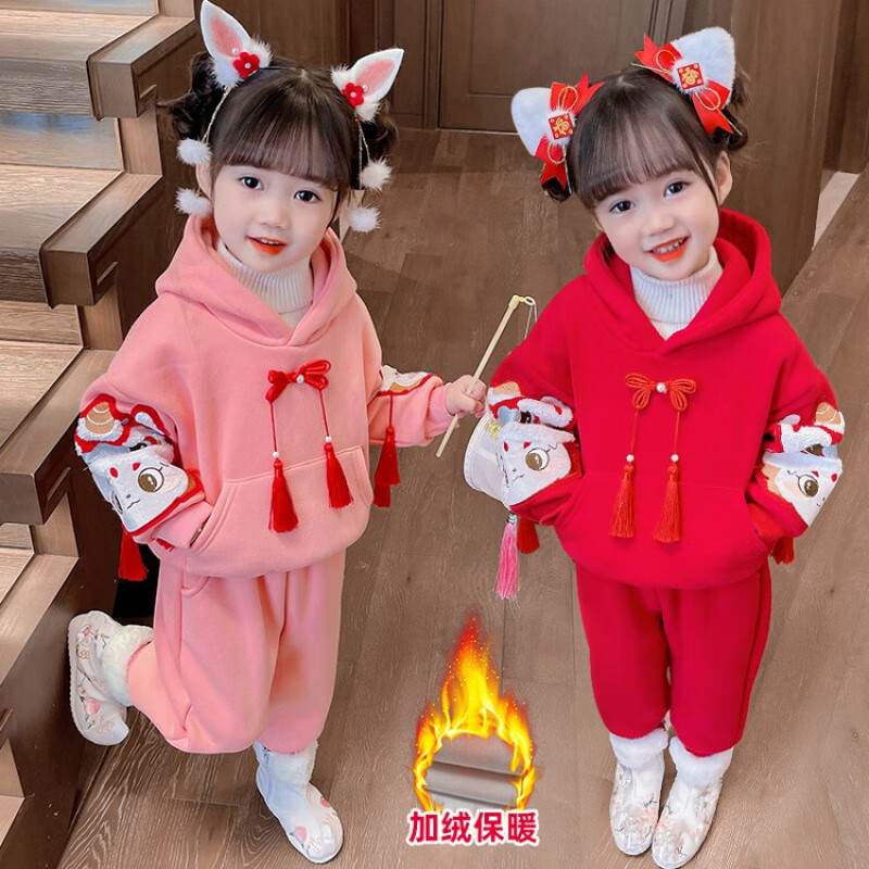 G.duck童装女童套装秋冬加厚保暖儿童卫衣裤拜年服新年服装中式周岁礼服 红色 100 (建议身高90cm 3-4岁)cm