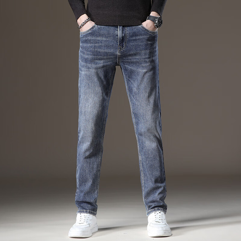 才子春季新款牛仔裤男士春秋款宽松直筒男裤潮流休闲弹力百搭长裤 蓝