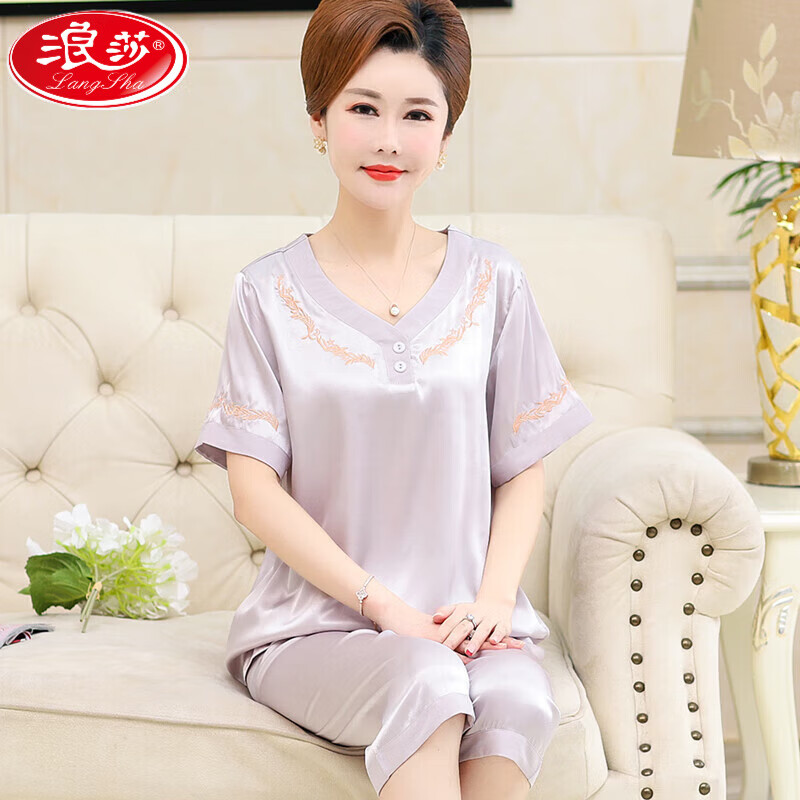 浪莎中年媽媽冰絲薄款夏季中老年人婦女真短袖睡衣女士家居服套裝 584銀色 4XL [建議155-175斤]