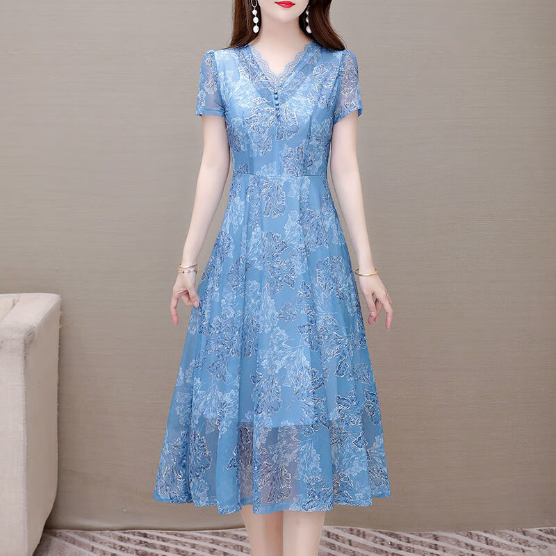乔骏晟中年ma妈连衣裙年新款夏装女今年气质岁中年蓝色短袖雪纺裙子