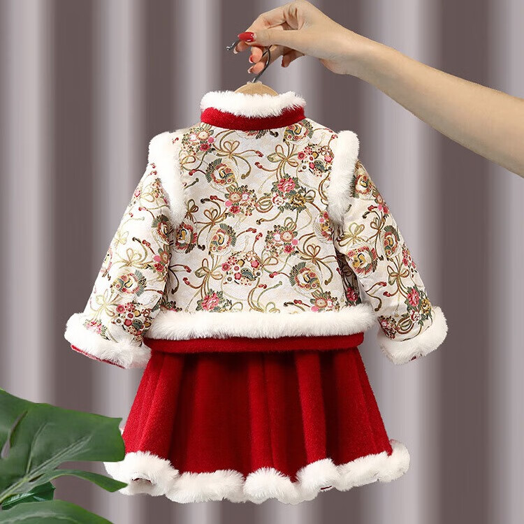 贝婴初（BEIYINGCHU）汉服女童冬装新年衣服儿童中国风蛇年唐装过年宝宝拜年服周岁礼服 上袄+裙子+头饰 140cm（建议身高125-135）