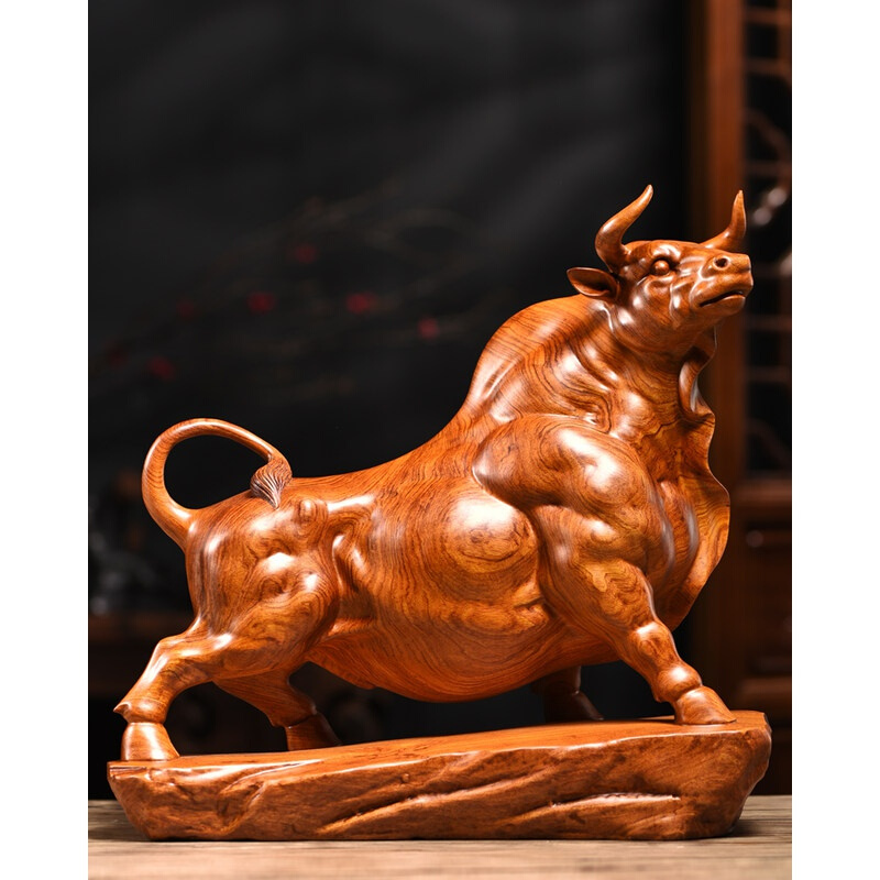 刻木东方木雕华尔街牛摆件 红木实木生肖牛客厅装饰品 开业送礼红木