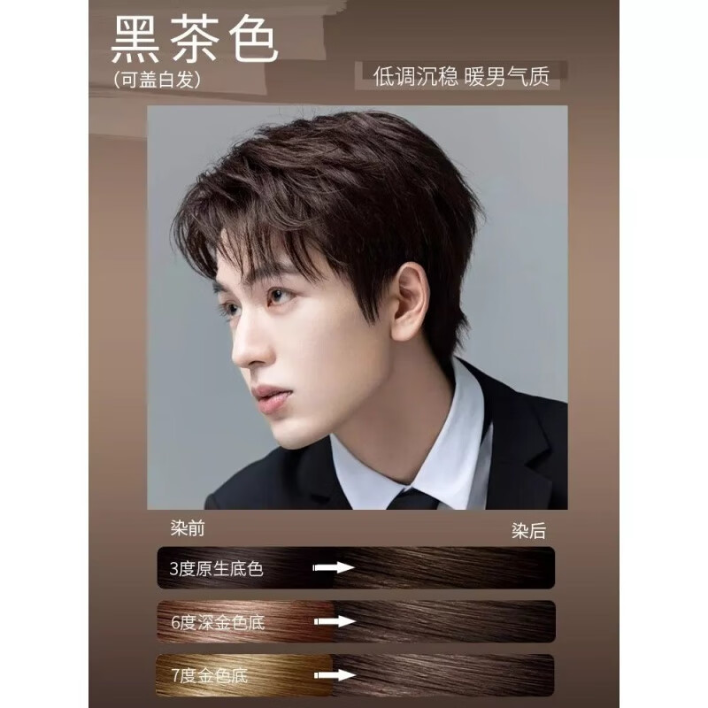 2024流行色自然黑茶色染发剂膏男士纯自己在家染发 黑茶色 一盒(短发)
