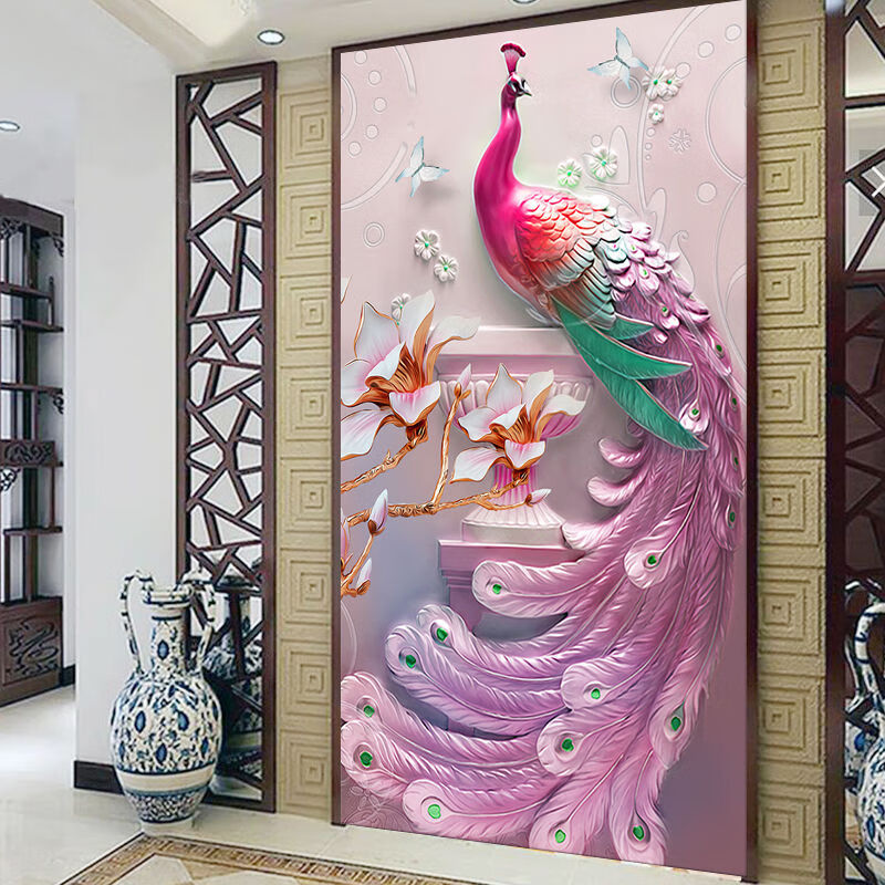 y孔雀壁画自粘立体浮雕墙贴画玄关壁画过道装饰走廊贴画背景墙北极象