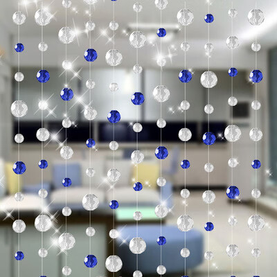 纖葉免打孔水晶珠簾客餐廳隔斷簾裝飾門簾墻掛串珠玄關(guān)簾子網(wǎng)紅北歐新 深藍+透明 15根/高1.8米