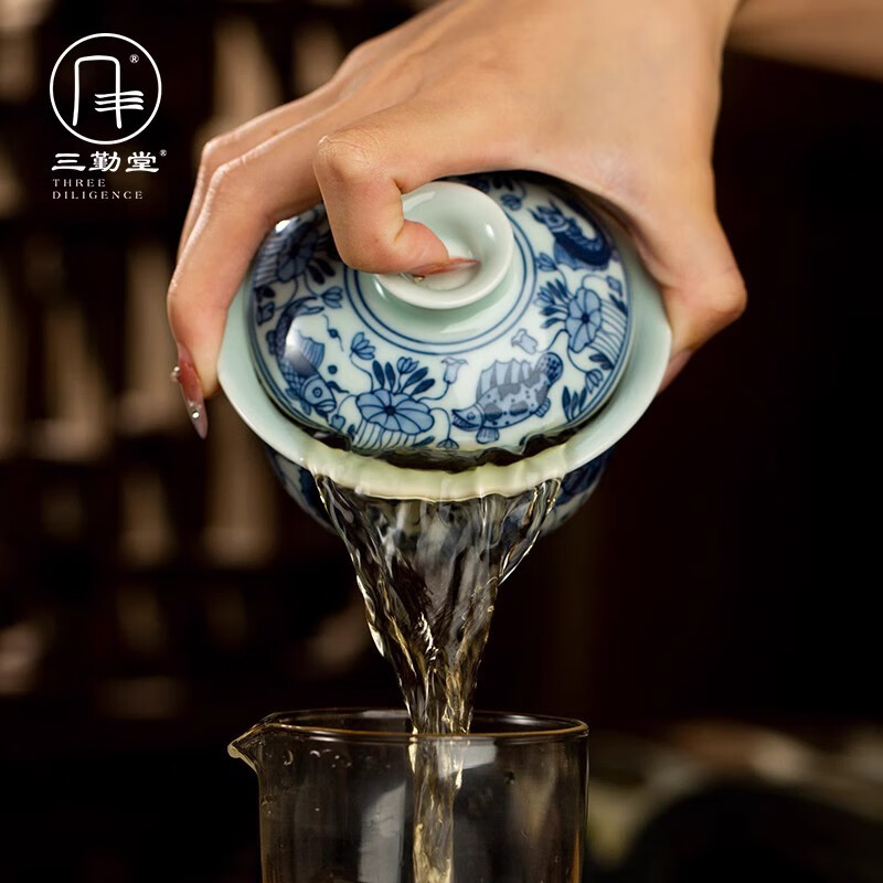 三勤堂陶瓷鱼藻纹釉下青花手工手绘三才盖碗套装杯泡茶器敬茶碗泡茶碗 手绘青花鱼藻纹6头-合格品