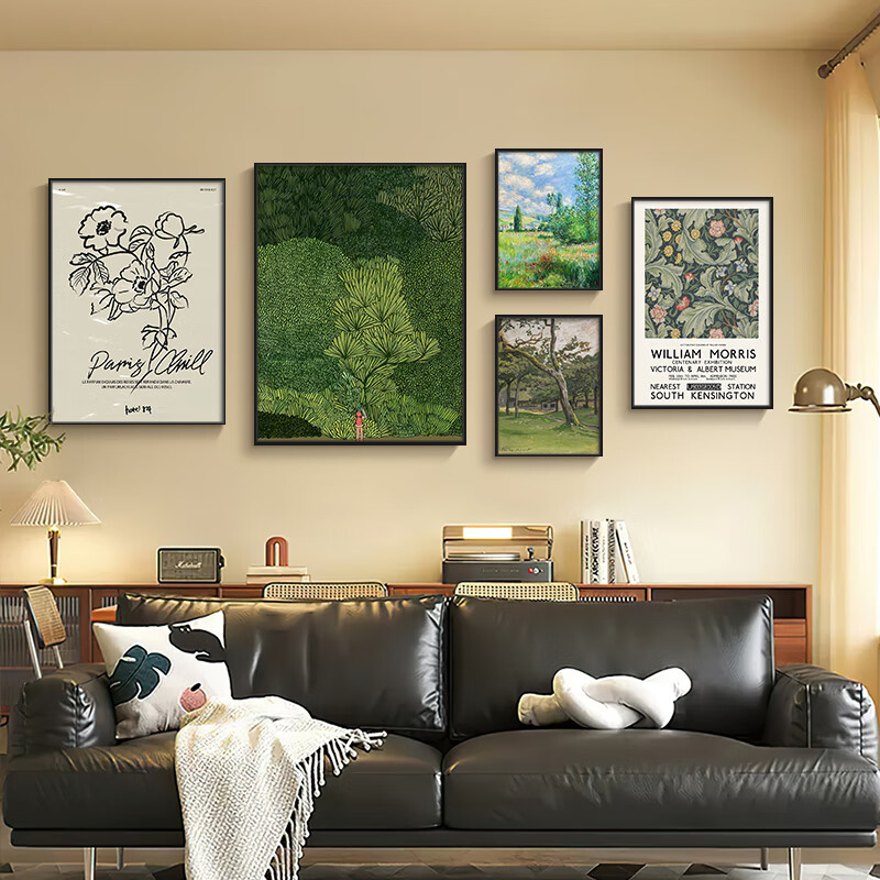张小画的店中古风客厅组合装饰画绿色摄影风景挂画复古艺术沙发背景墙面壁画