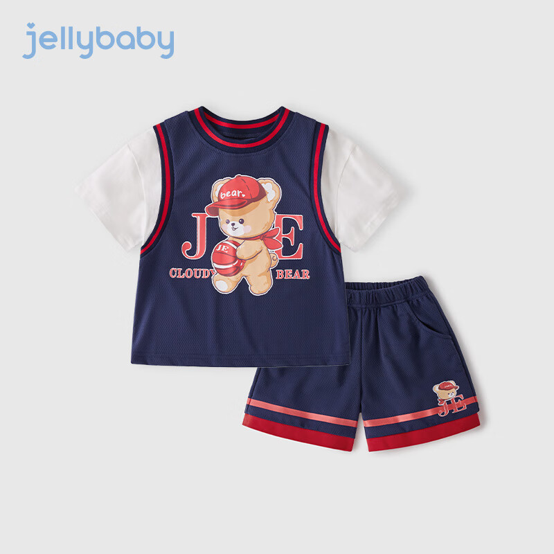 JELLYBABY儿童短袖两件套男童洋气假两件篮球服女童速干运动套装 宝蓝 110CM