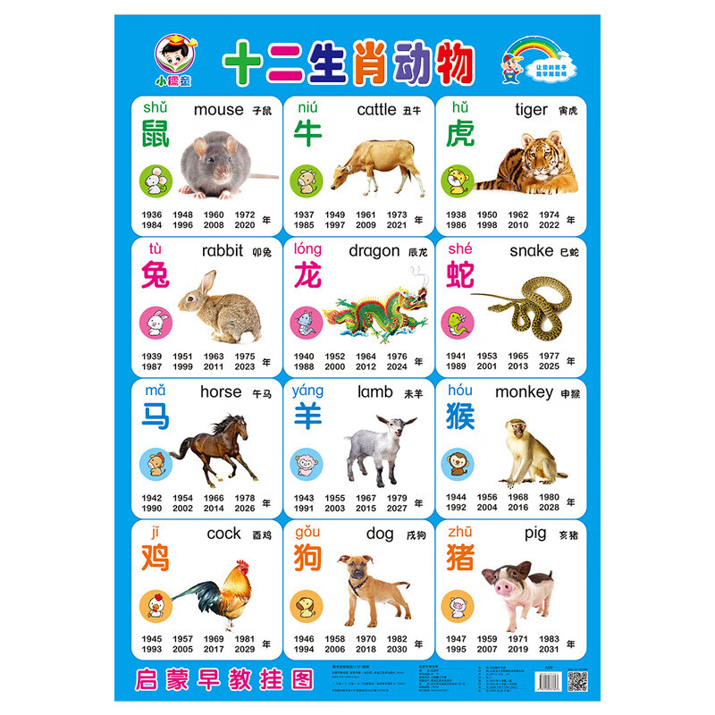 声识字汉语拼音挂图幼儿园早教墙贴画数字英语唐诗启蒙学习 十二生肖